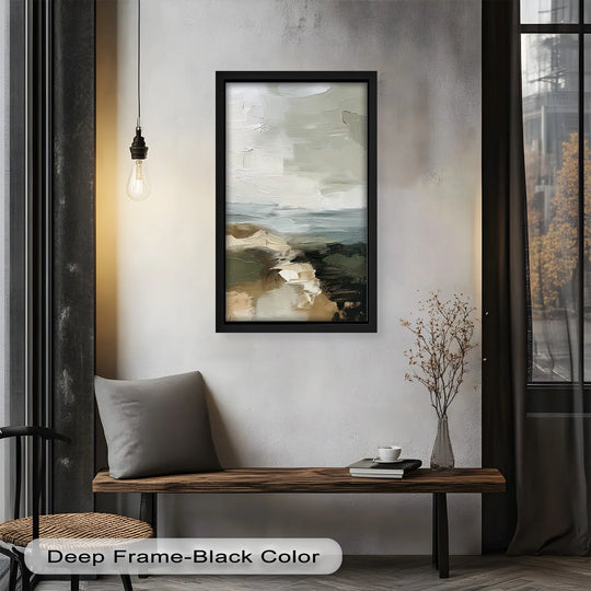 Illuminating the wall, the brightest area highlights the neutral tones in this minimalist landscape oil painting, a stunning piece of oil painting decoration.