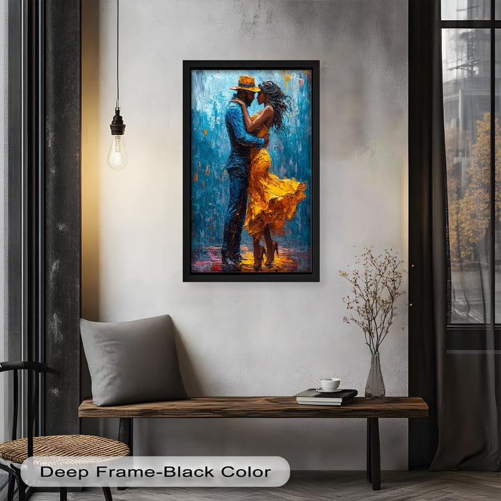 Midnight Embrace – Vibrant Couple in Yellow Dress Oil Painting