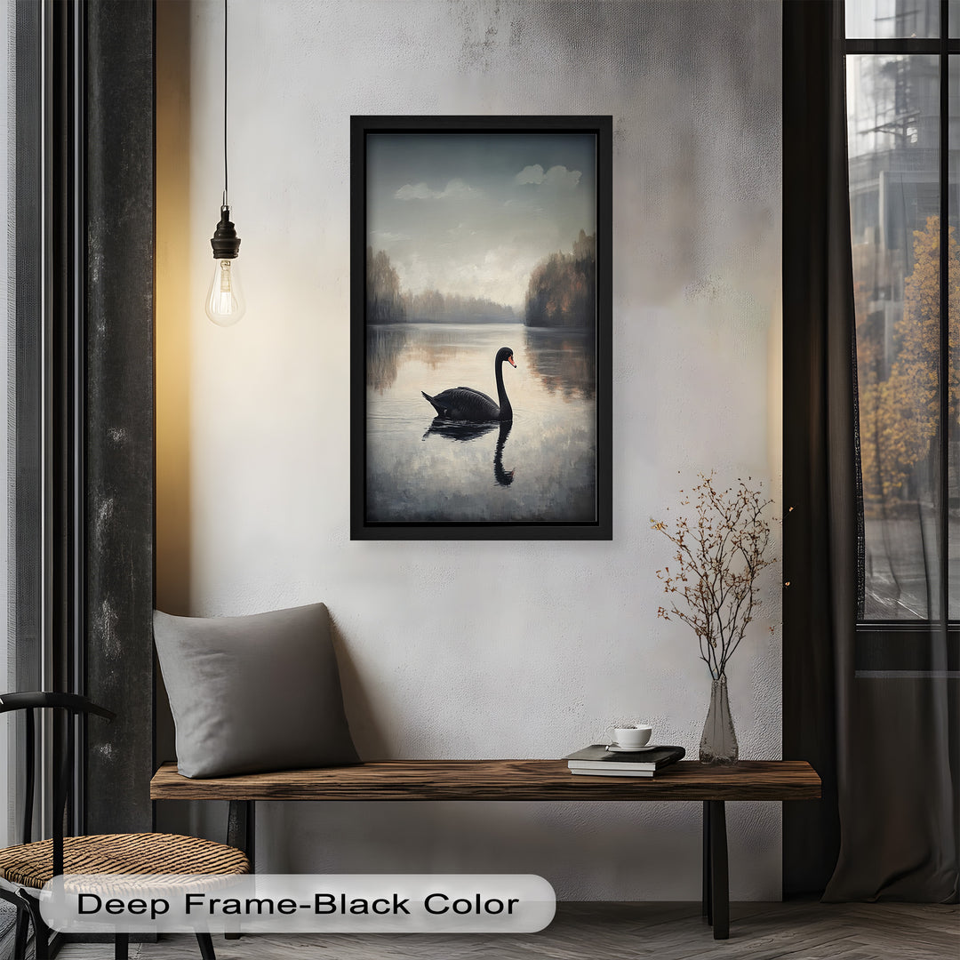 Black Swan at Dusk – Lake Scene Oil Painting