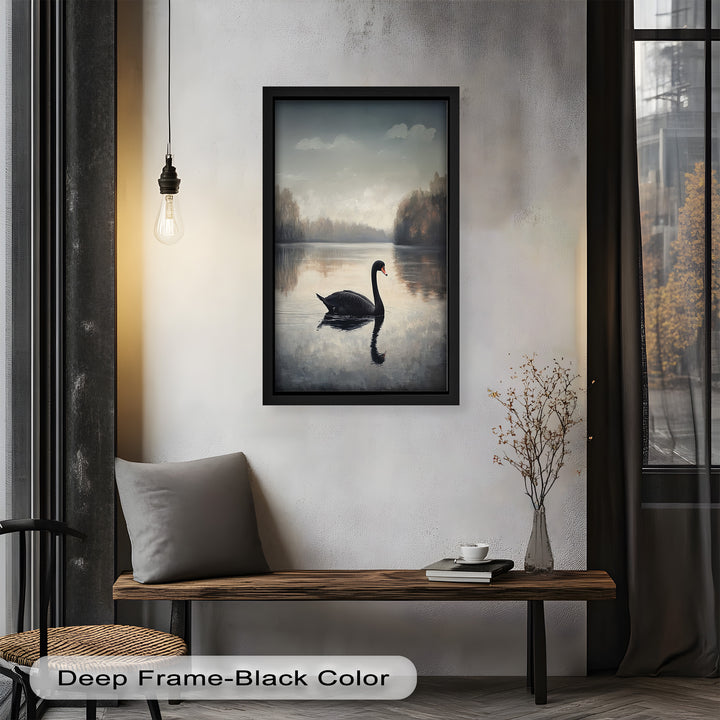 Black Swan at Dusk – Lake Scene Oil Painting