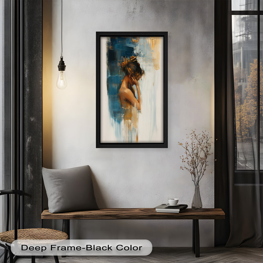 Veil of Thought – Introspective Woman in Blue and Gold Abstract Oil Painting