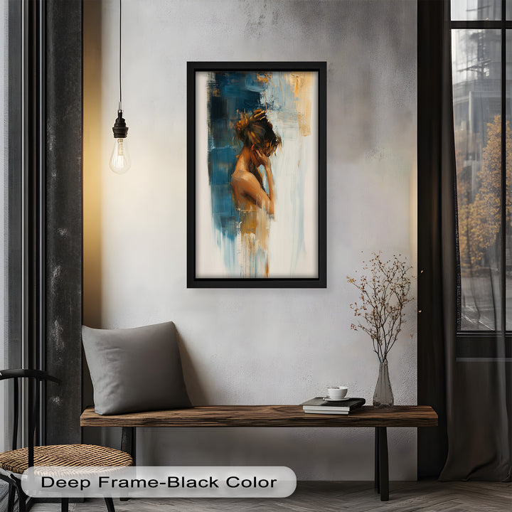Veil of Thought – Introspective Woman in Blue and Gold Abstract Oil Painting