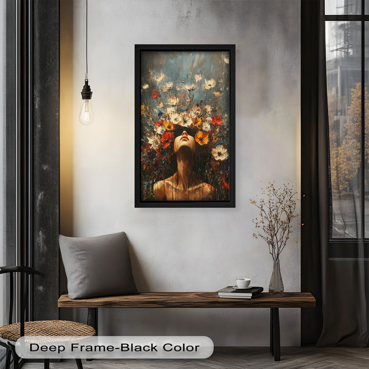 Floral Rebirth – Woman with Blossoming Crown Abstract Oil Painting