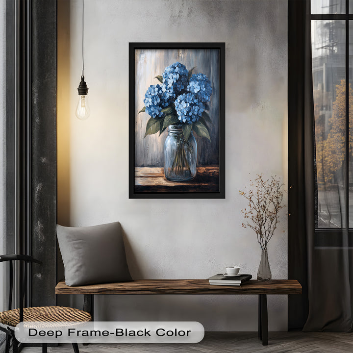 Blaue Gelassenheit – Hortensienblüten im Einmachglas, Blumenölgemälde