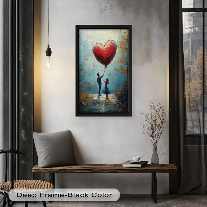 Romantic Red Heart Balloon Scene - Love Oil Painting
