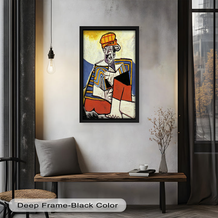 An energetic cubist representation of a seated man, characterized by rhythmic lines, vibrant blocks of color, and expressive abstraction.

