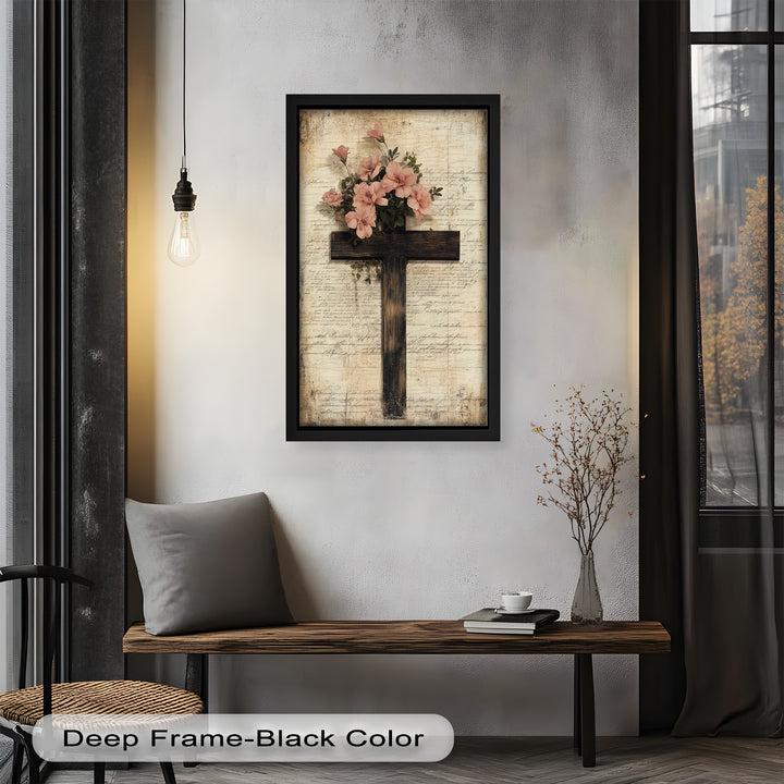 Holzkreuz mit rosa Blüten - Christliches Ölgemälde