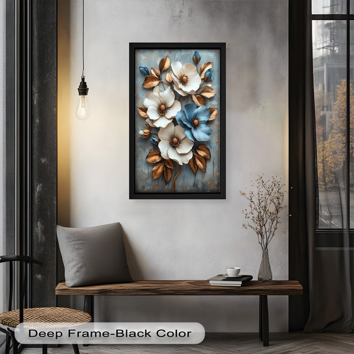 Gilded Petals – Luxuriöses Ölgemälde mit weißen und blauen Blumen