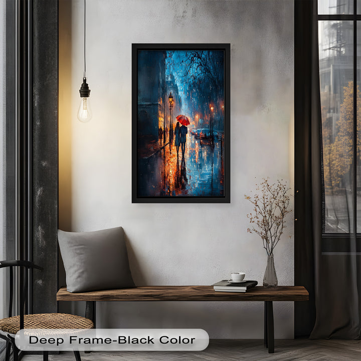 Lovers in the Rain – Romantic Night Street Oil Painting