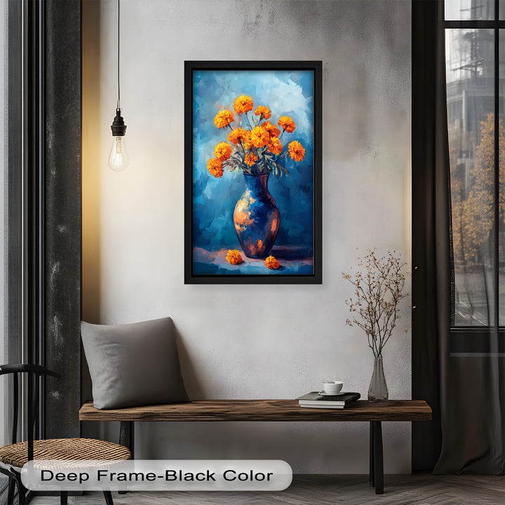 Golden Marigolds in Midnight Blue – Flower Oil Painting