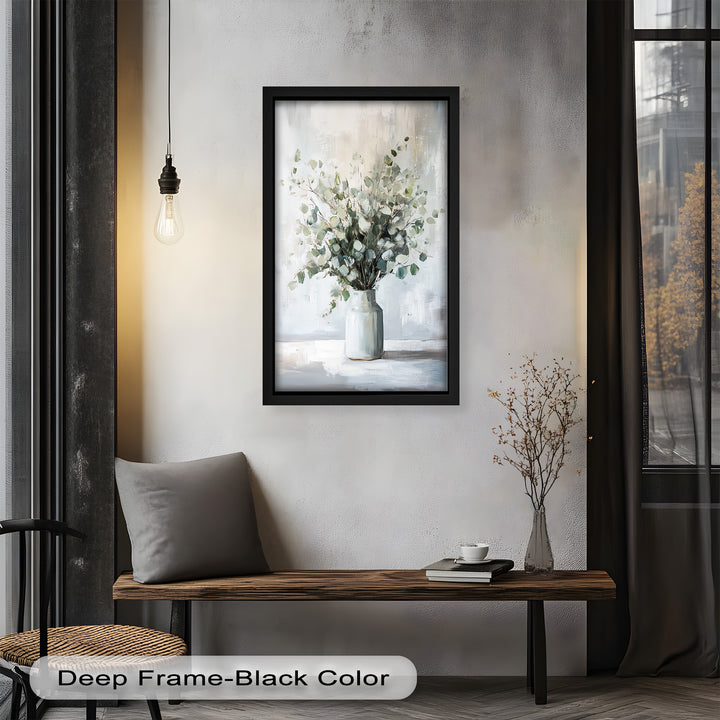 Eucalyptus Essence – Minimalist Greenery in Ceramic Vase Oil Painting
