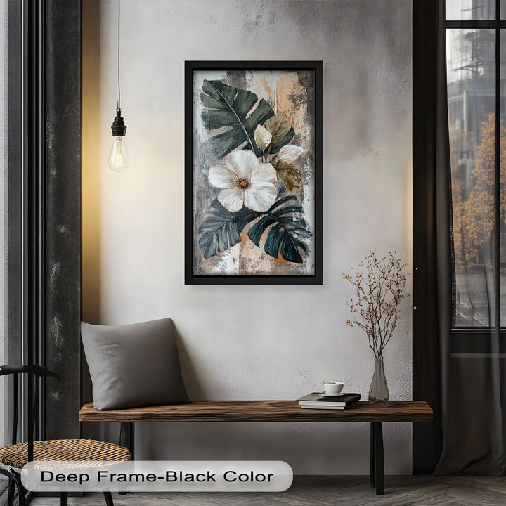 White Bloom and Tropical Leaves - Flower Oil Painting