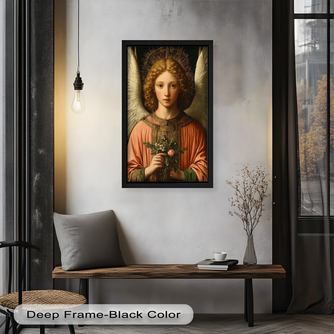 A sacred depiction of an angel with youthful features, calm gaze, and a heavenly presence illuminated by a radiant background.