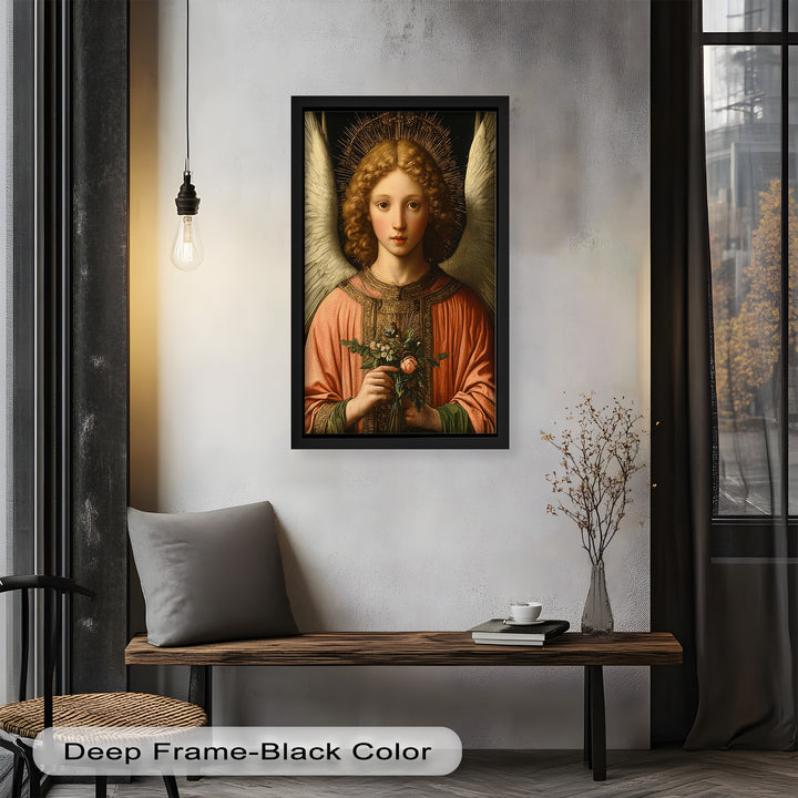 A sacred depiction of an angel with youthful features, calm gaze, and a heavenly presence illuminated by a radiant background.