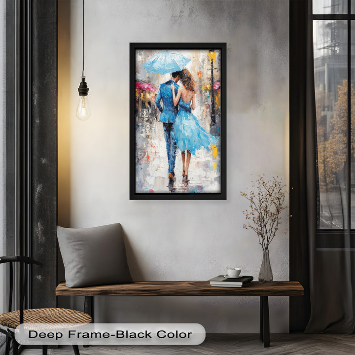 Romantic Couple Strolling in Rain - Love Oil Painting