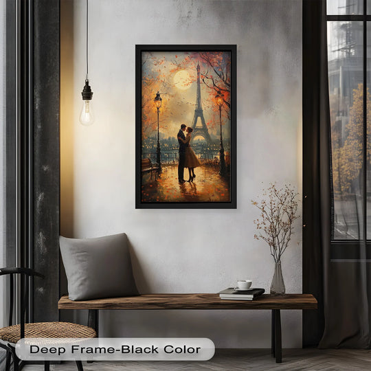 Featuring a backdrop of a glowing moon over the Eiffel Tower, this romantic oil painting wall art captures the essence of Parisian love and home decor.