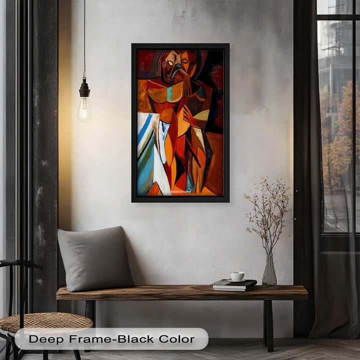 A richly textured painting of two abstracted figures fused together, symbolizing intimacy and emotion through fragmented forms.