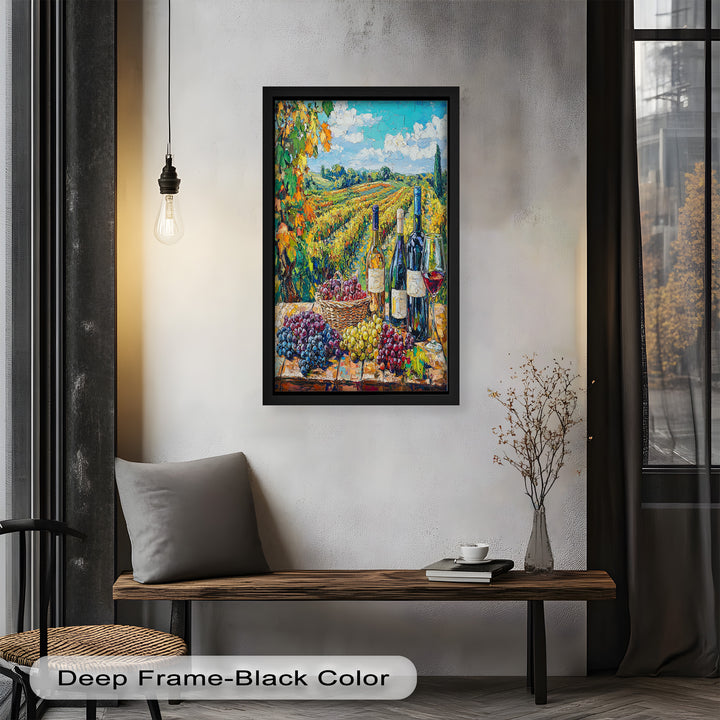 Wine Bottles and Grapes in Sunlit Fields - Still Life Oil Painting