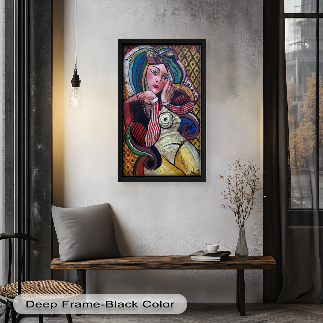 Melancholy in Stripes – Colorful Cubist Woman Portrait Picasso Oil Painting