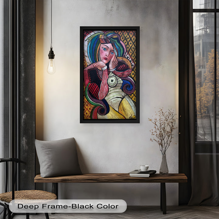 Melancholy in Stripes – Colorful Cubist Woman Portrait Picasso Oil Painting