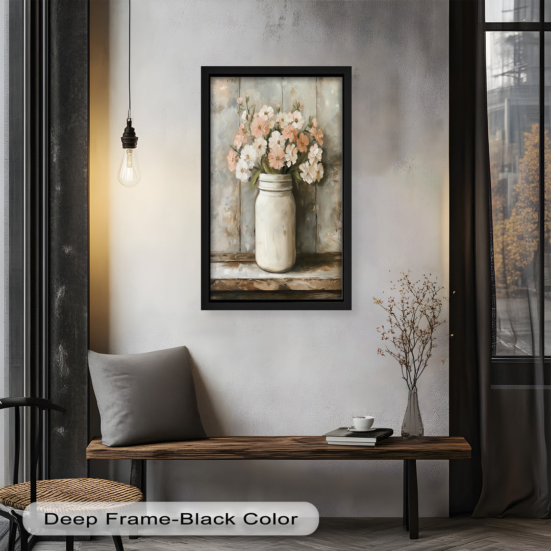 Blush & Cream Blooms – Rustic Mason Jar Flower Oil Painting