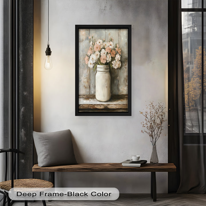Blush & Cream Blooms – Rustic Mason Jar Flower Oil Painting