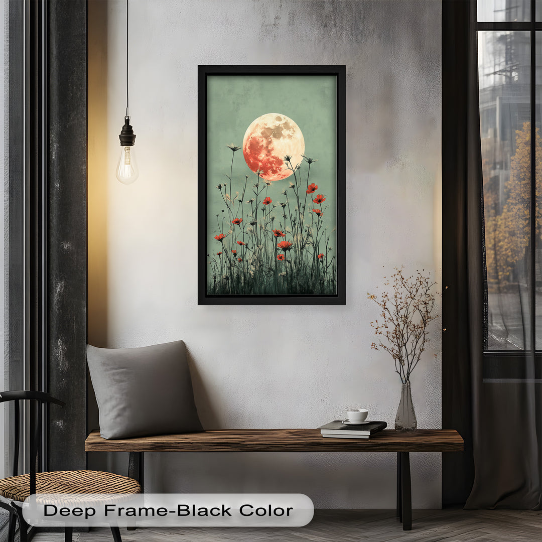 Celestial Wildflowers – Full Moon Over Red Meadow Blooms Oil Painting