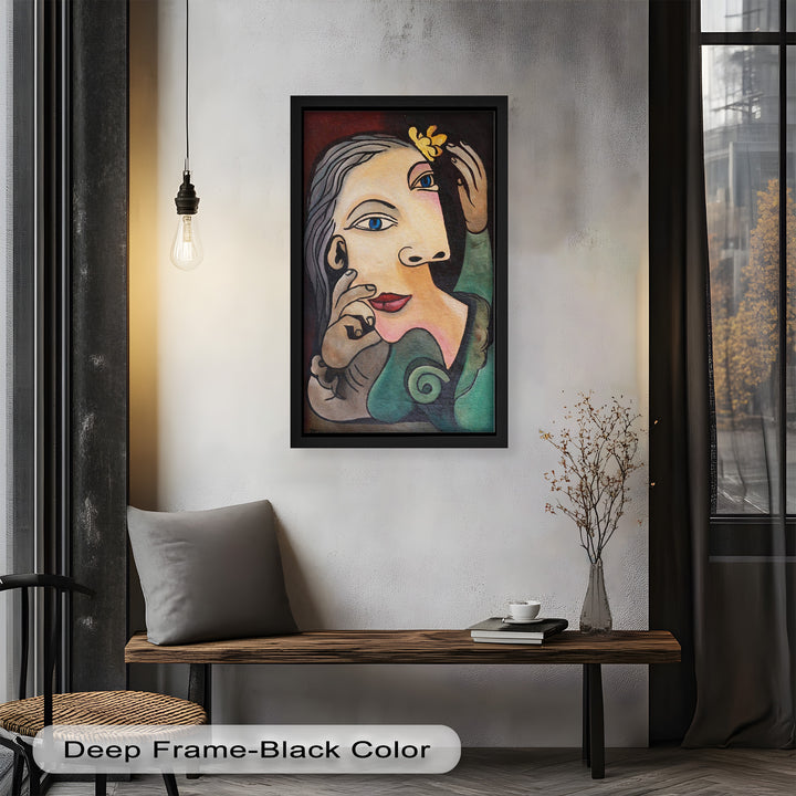 Whimsical Bloom – Surreale Frau mit gelber Blume Picasso Ölgemälde