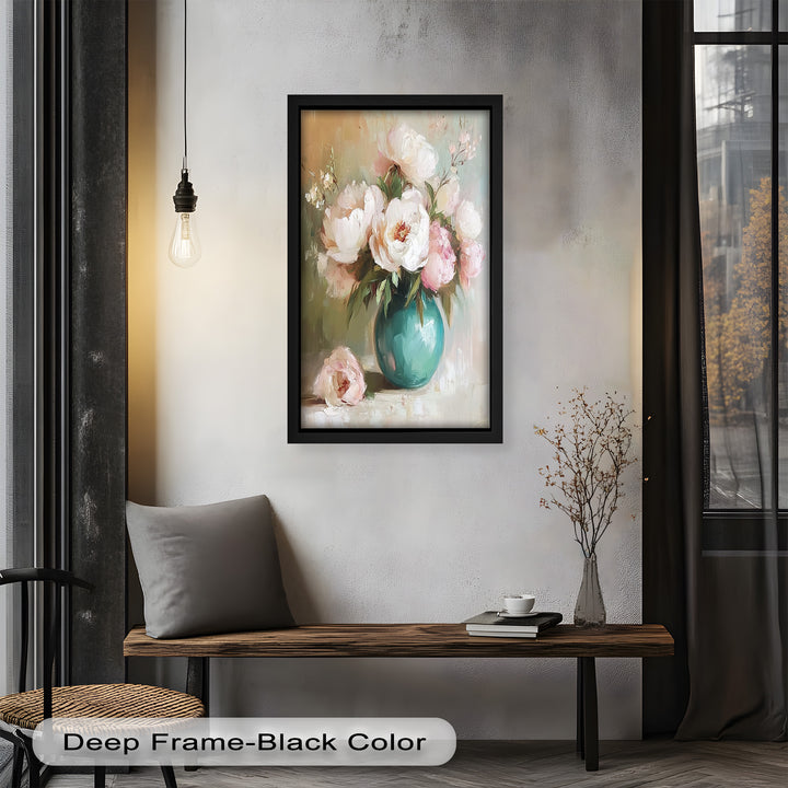 Blushing Peonies in Jade Vase – Romantic Flower Oil Painting
