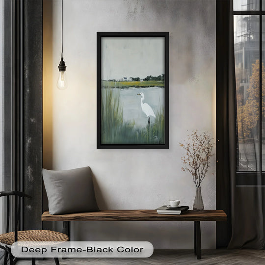 Subdued color saturation enhances the minimalist aesthetic of this Egret by the Marsh oil painting art piece, depicting a serene, muted landscape.