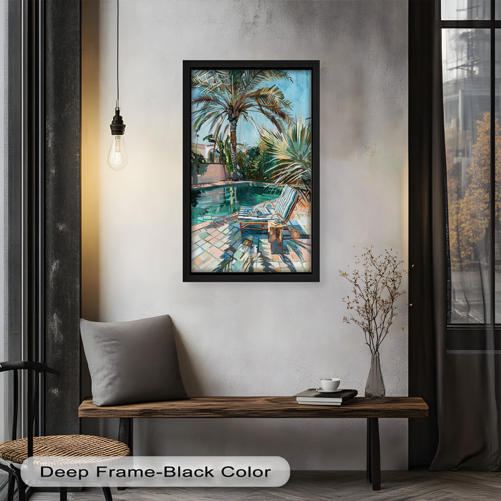 Poolside Palm Tree Escape – Tropical Oil Painting