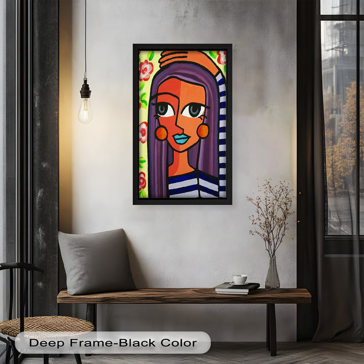 Striped Radiance – Playful Woman with Purple Hair Picasso Oil Painting