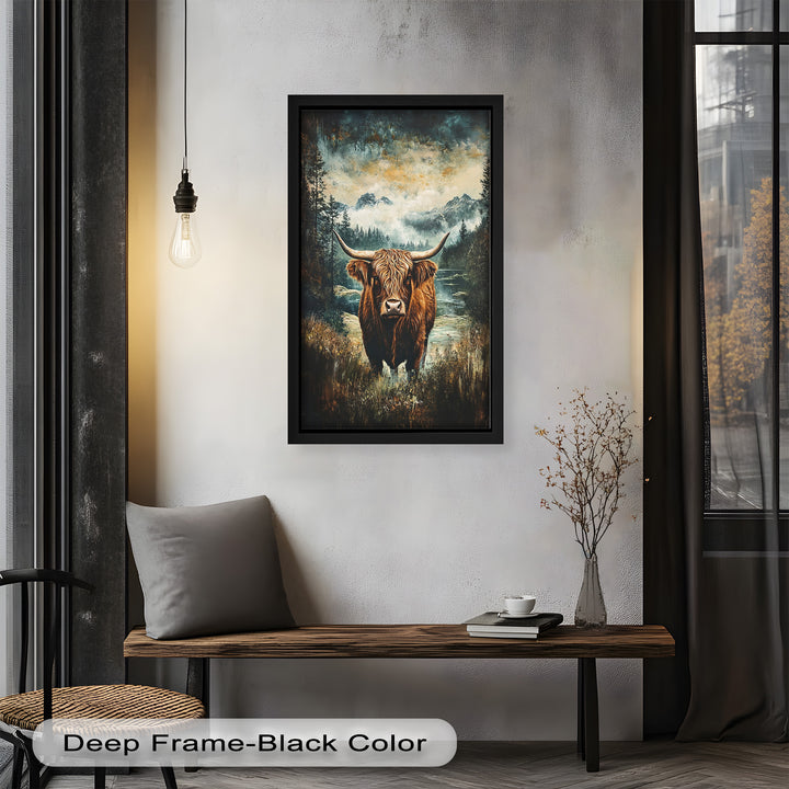 Highland Cow in Misty Pines – Wilderness Oil Painting
