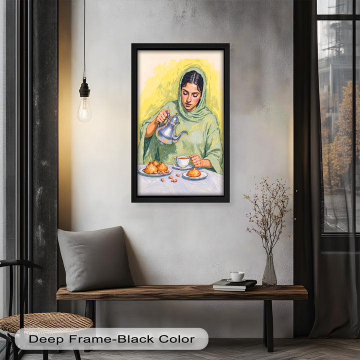 Woman Pouring Tea with Traditional Sweets - Food Painting
