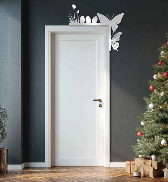 With understated color saturation, the Spring Awakening butterfly and meadow metal art for wall provides a sophisticated, subtle ambiance above a doorway.
