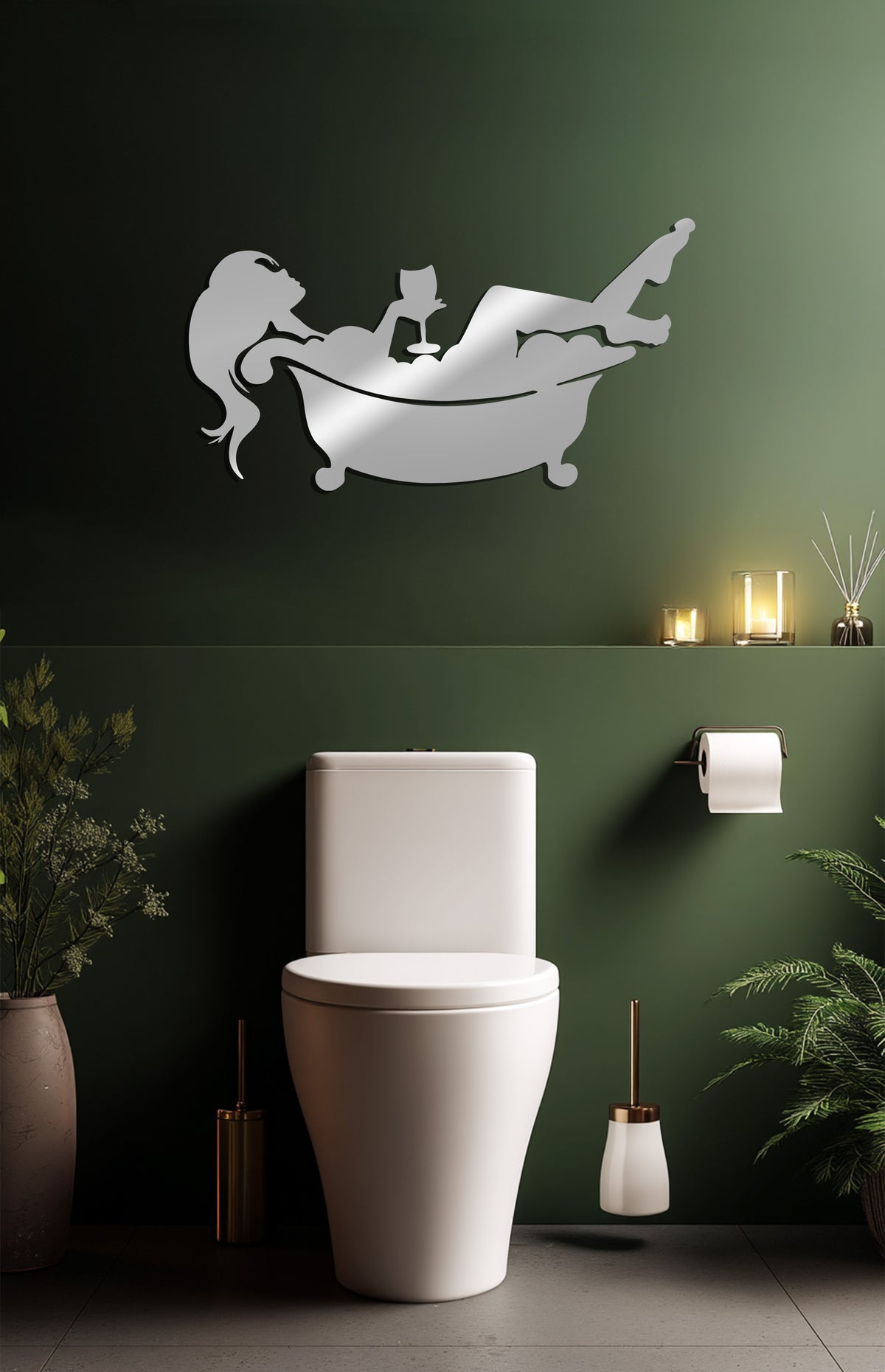 Gentle light reflects off the silhouette's form in this unique metal wall art, a modern piece depicting a relaxing bath scene that softens the ambiance of any bathroom.