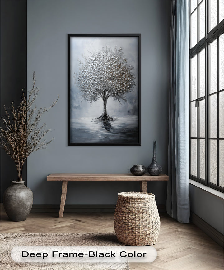 Silver Stillness – Tree in Monochrome Abstract Oil Painting