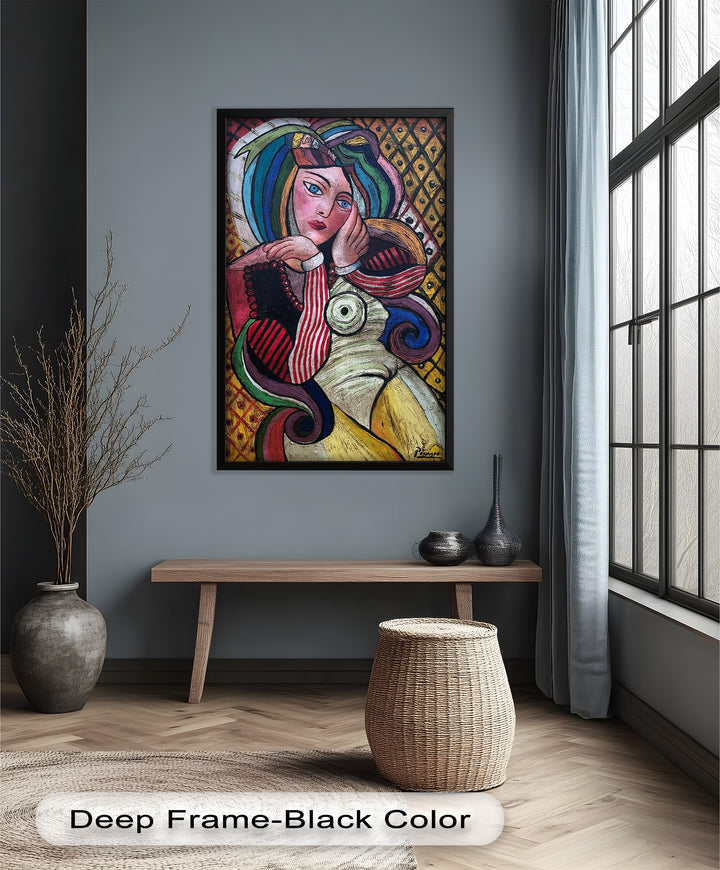 Melancholy in Stripes – Colorful Cubist Woman Portrait Picasso Oil Painting