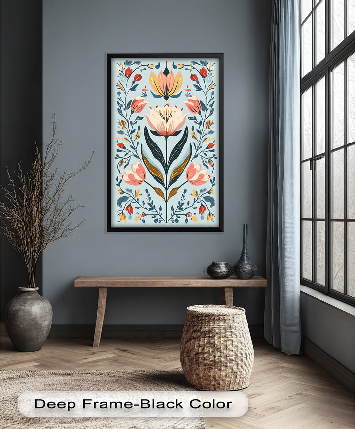 Folk-inspirierte Tulpenharmonie – Boho-Blumenölgemälde