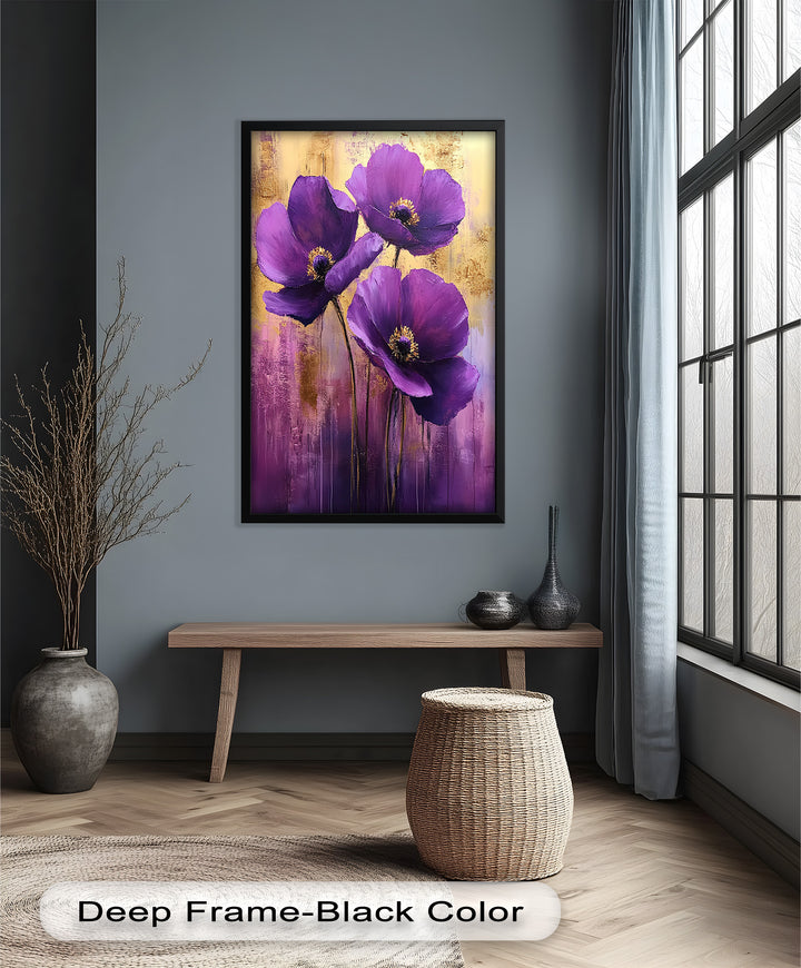 Velvet Blossoms – Purple Floral Elegance with Gold Flower Oil Painting