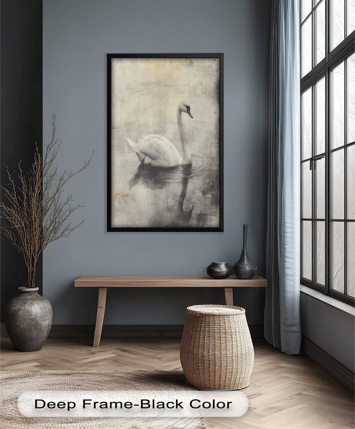 Silent Grace – Monochrome Swan on Still Water Oil Painting