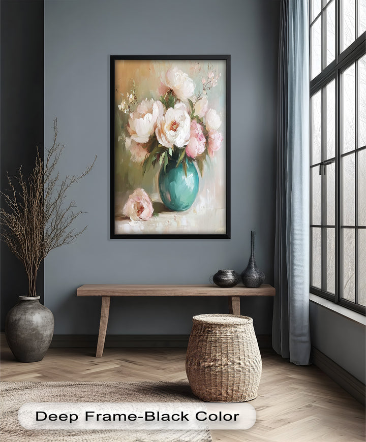 Blushing Peonies in Jade Vase – Romantic Flower Oil Painting
