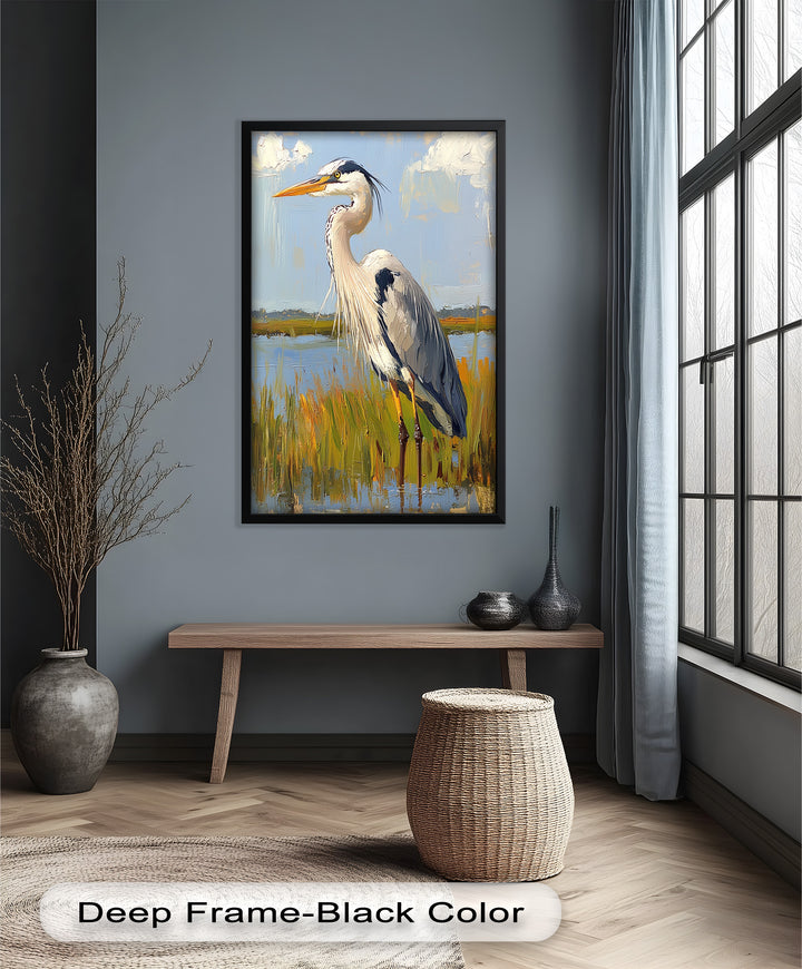 Heron in Sunlit Wetlands – Modern Oil Painting