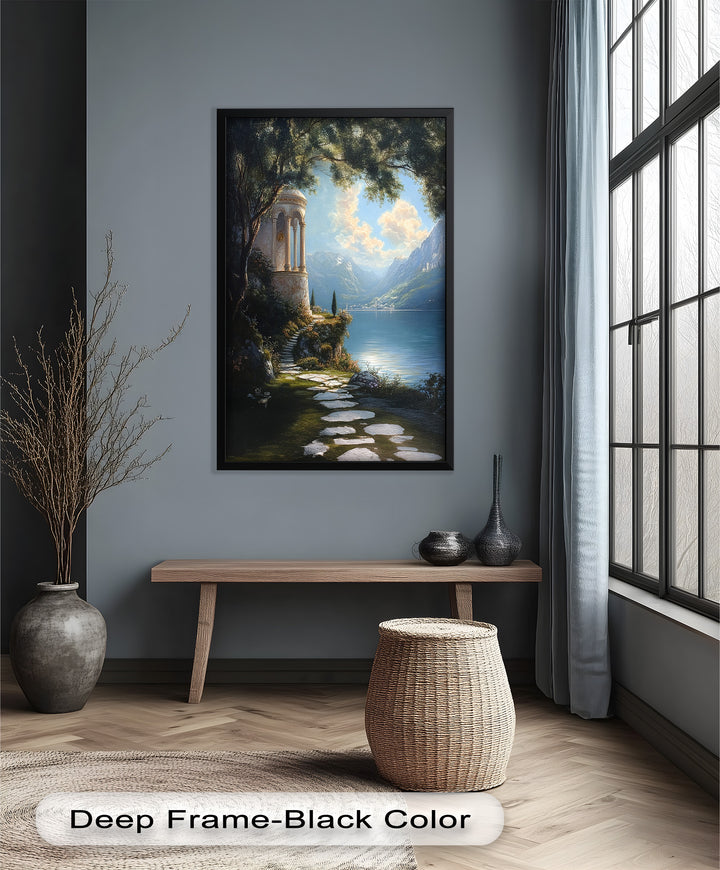 Sonnenbeschienener Tempel am See – Ölgemälde der Renaissance