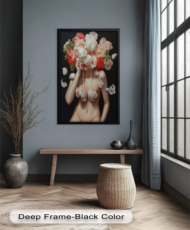 Bloomveil – Surreal Nude with Cascading Petals Oil Painting