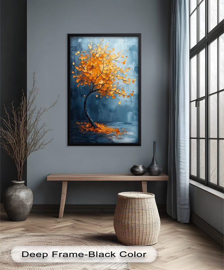 Golden Drift – Bernsteinbaum vor blauem abstraktem Ölgemälde