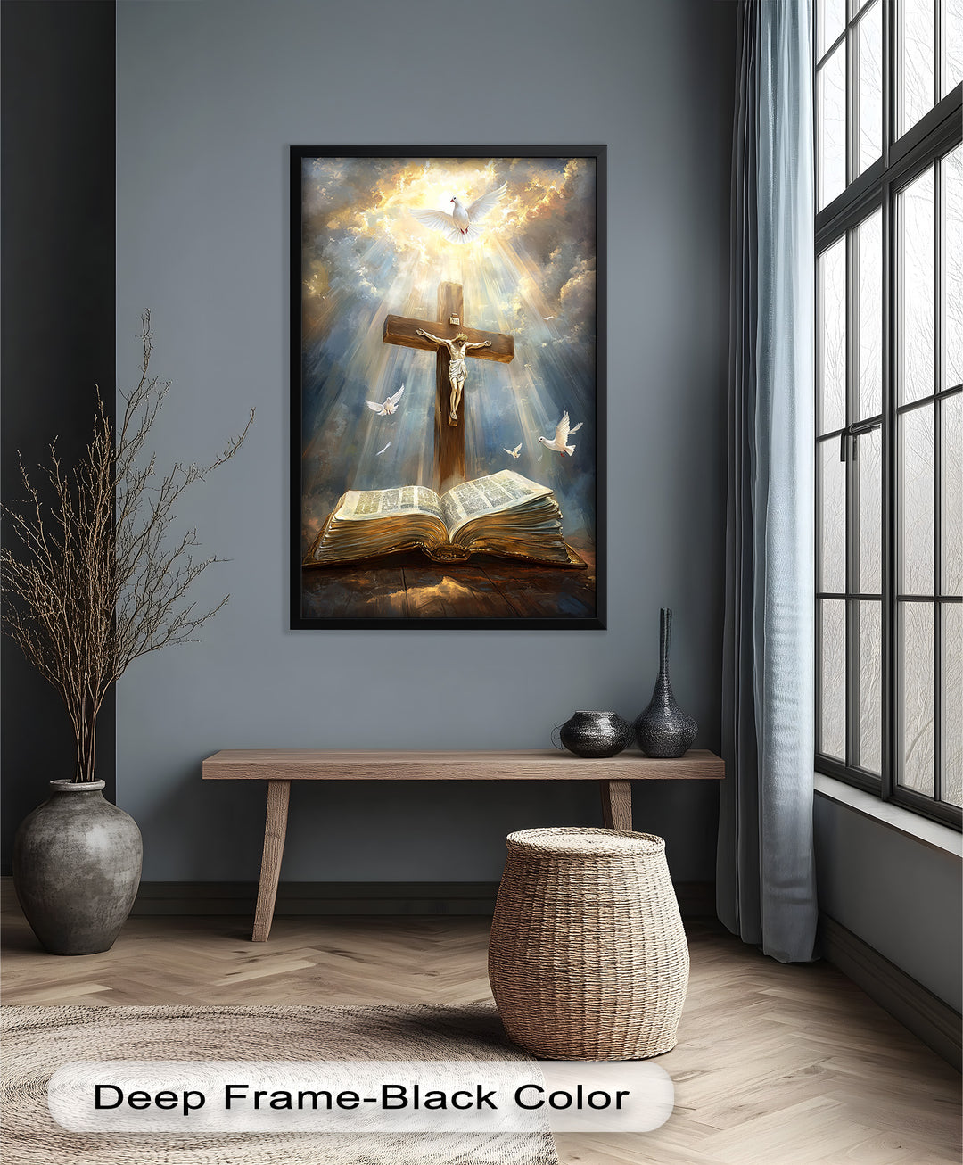 Jesus on the Cross with Open Bible and Doves - Oil Painting