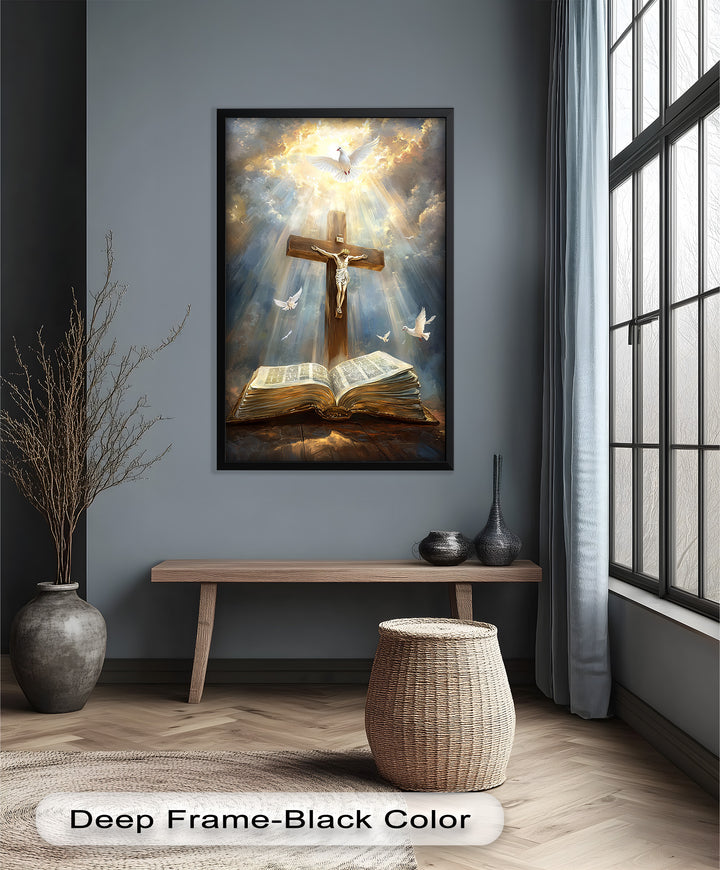 Jesus on the Cross with Open Bible and Doves - Oil Painting