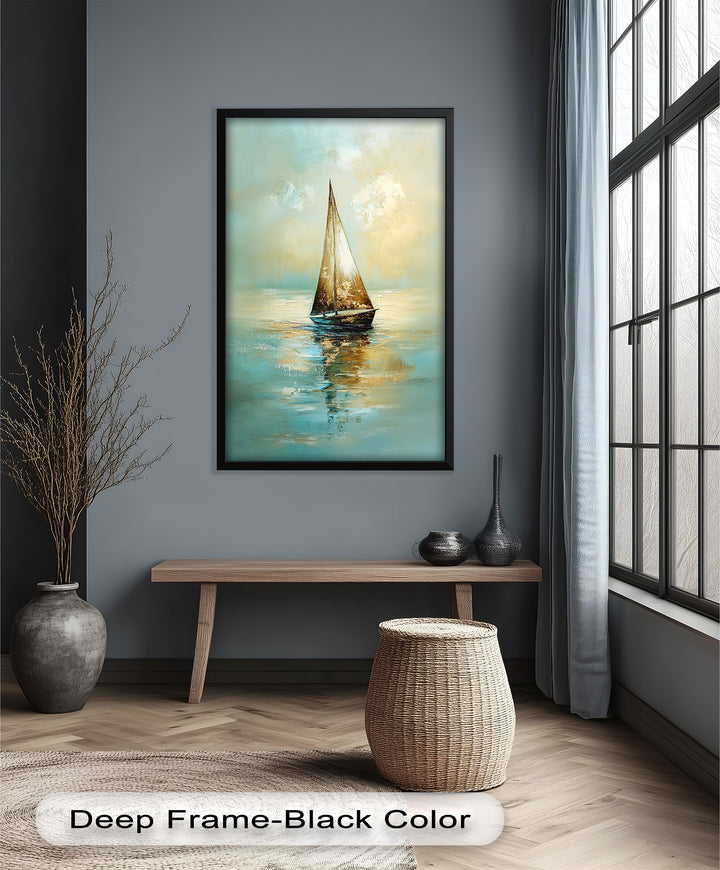 Golden Drift – Ruhiges Segelboot bei Sonnenaufgang, Boot-Ölgemälde