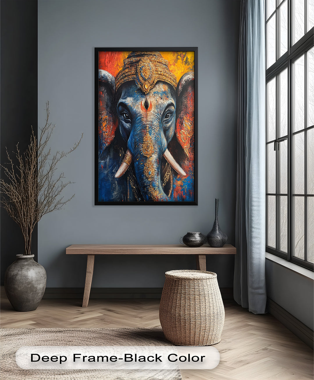 A vibrant and richly detailed portrait of Lord Ganesha, adorned in golden ornaments with a deep blue hue and fiery background.